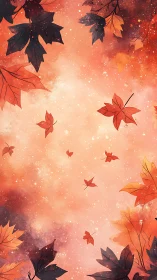 Crimson autumn leaves drifting across glowing skyfield.