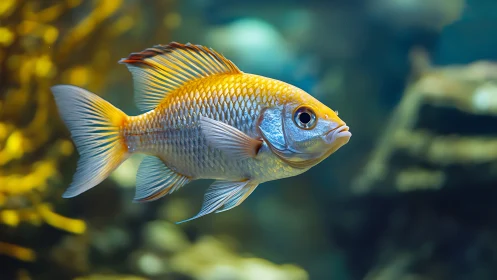 Golden orange fish swims laterally in softly blurred aquarium
