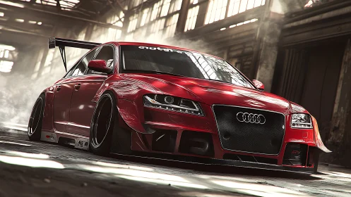 3D widebody race sedan in industrial warehouse lighting study.