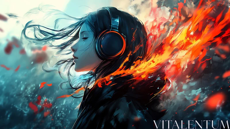 Digital portrait of girl with headphones and fire trail.