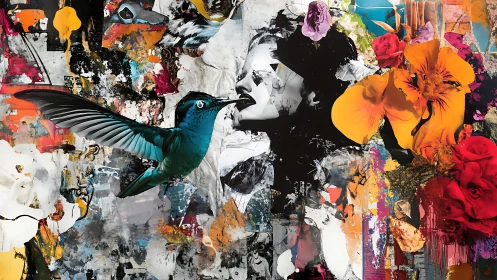 Hummingbird, female portrait and floral collage on abstract field.