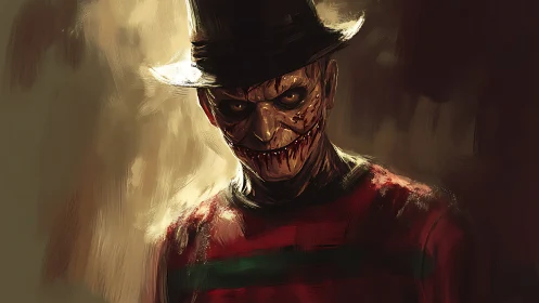 Grotesque grinning figure in striped sweater and dark hat