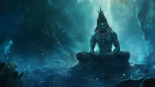 Calm blue deity in deep meditative mountain cavern scene.