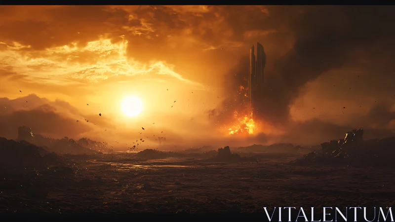 Sunset watches a monolith ignite on a ruined horizon