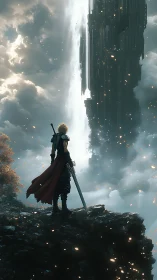 Lone warrior quietly studies a towering celestial fortress