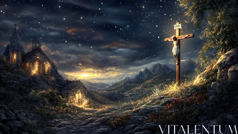Digital painting of crucifix under starlit sky with chapel glow.