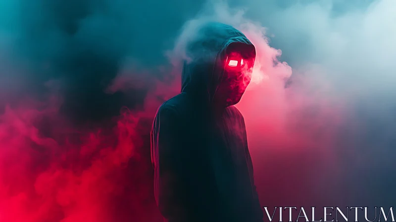 Hooded cyber-silhouette with neon mask in bifurcated fog field.