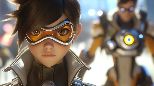 Close-up of futuristic goggled heroine with ally behind.