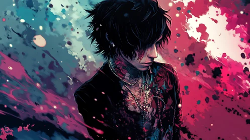 Melancholic punk figure immersed in neon chromatic splatter field