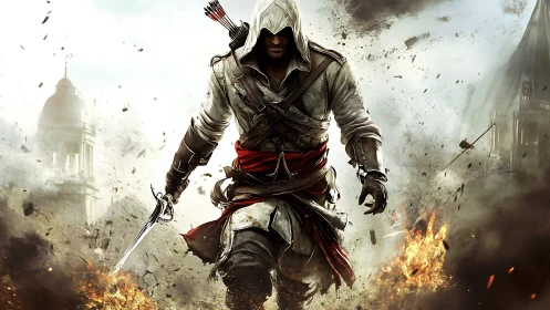 Hooded combat operative advancing through explosive urban chaos.