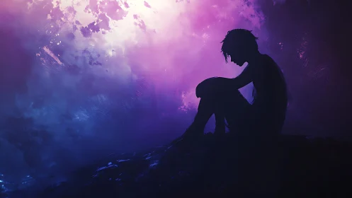 Solitary silhouette beneath luminous violet storm sky.