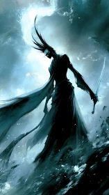 Spectral swordsman rising through storm-torn ocean veil.