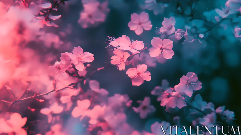 Neon cherry blossoms glow in dreamy teal and pink haze.