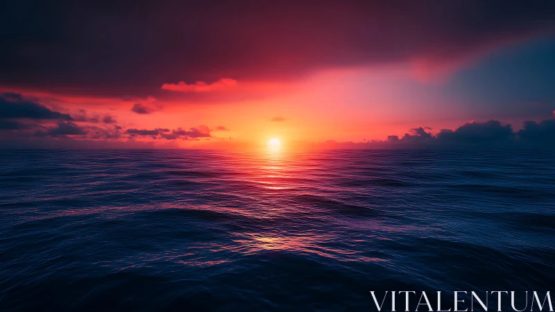 Fiery ocean horizon glows beneath dramatic twilight sky.