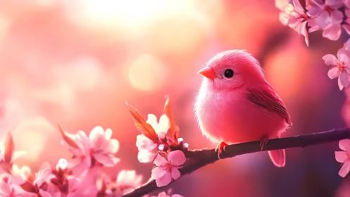 Pink songbird on cherry blossom branch at sunset glow.