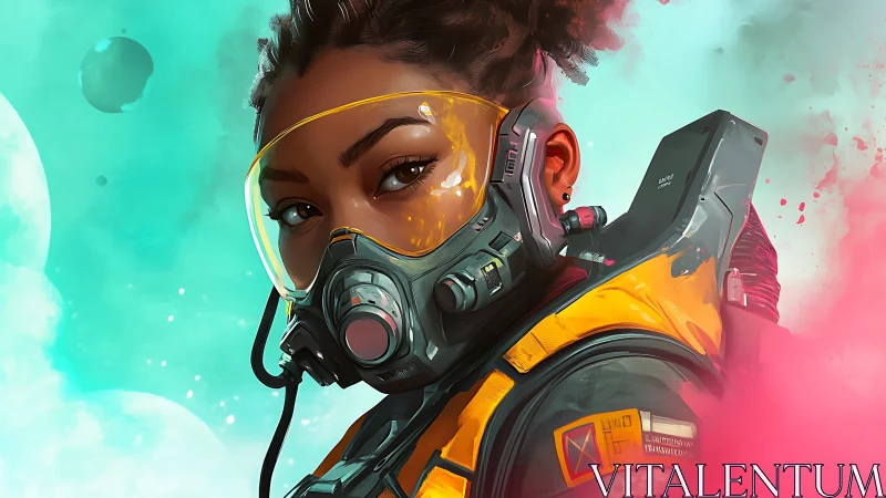 Futuristic astronaut portrait with detailed respirator and HUD visor