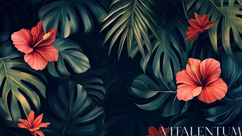 Hibiscus lanterns glow softly across midnight jungle leaves