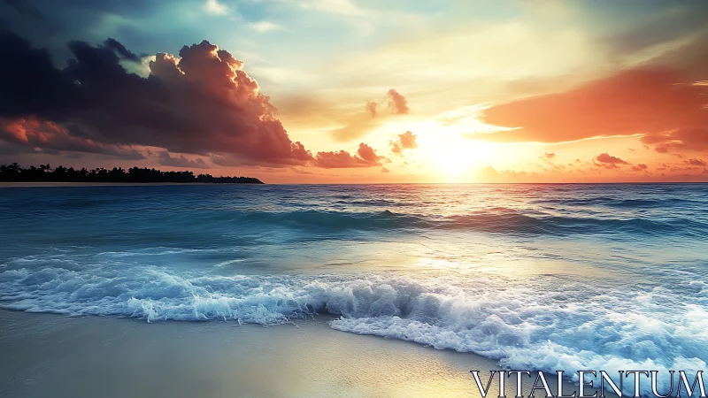 Tide-kissed shoreline under a blazing, storybook sunset sky.