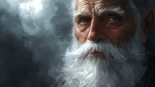 Weathered old sailor gazes into stormy skies in silence