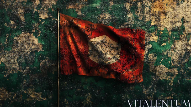Weathered red flag hangs against peeling textured wall.