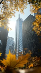 Autumn foliage framing glass skyscrapers in bright backlight