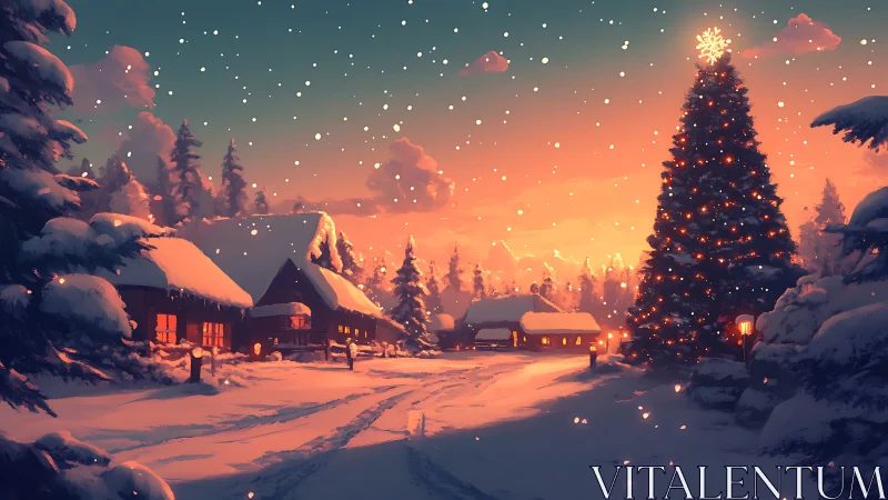 Snow-covered village street is shown at winter sunset