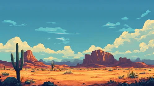 Sunlit desert mesas rise beneath expansive blue skies.