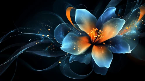 Luminous abstract flower in blue and orange digital bloom.