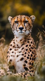 Serene cheetah gazes through tall grass in soft golden light.