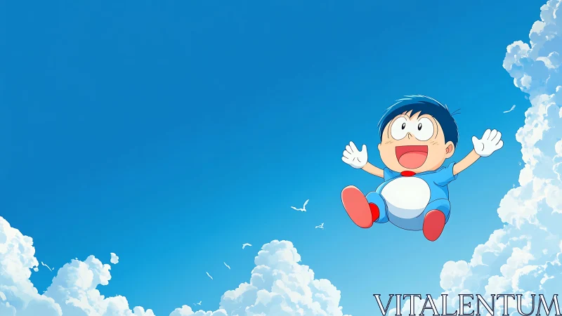 Cartoon boy in blue outfit floating in bright open sky.