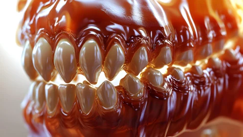 Hyperrealistic Caramel Skull with Detailed Teeth in Warm Light.