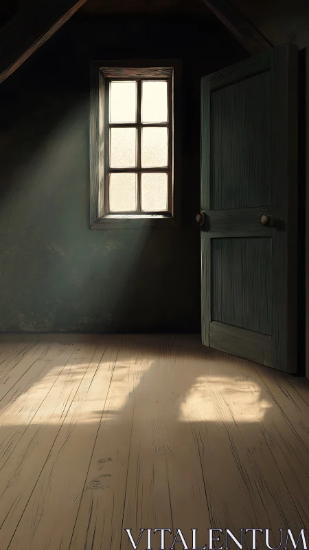 Sunlit attic doorway renders quiet chiaroscuro interior study