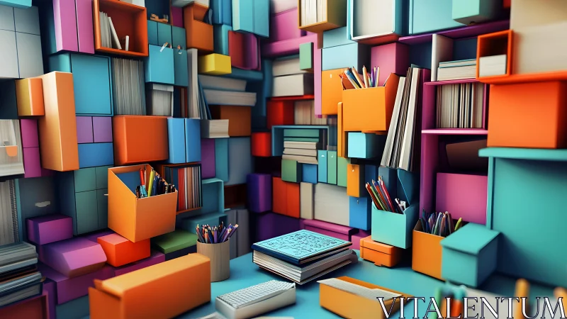 Colorful Modular Workspace with Stacked Shelving and Office Supplies.