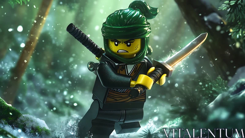 Emerald forest ninja minifigure charges through glowing mist.