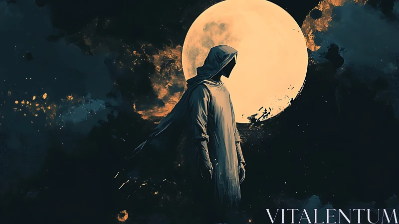 Hooded lunar silhouette against high-contrast nocturnal sky.