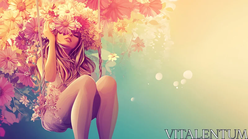 Daydreaming girl drifting on a swing of luminous blossoms.