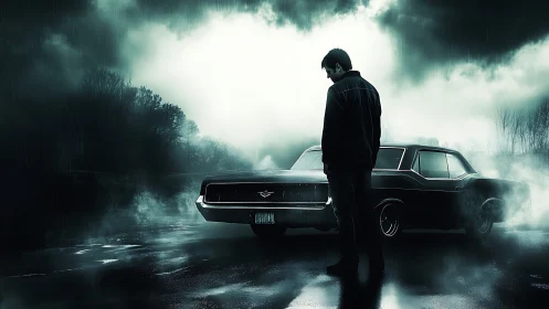 Solitary man beside classic car in stormy neon mist.