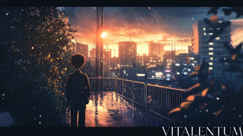 Solitary figure on wet overlook facing illuminated cityscape.