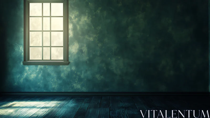 Single window illuminates empty teal wall and dark floor