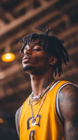 Portrait of tattooed basketball player in shallow-depth lighting