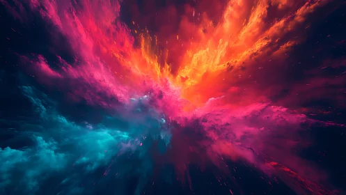Cosmic nebula explosion in vibrant cyan, magenta, and gold.