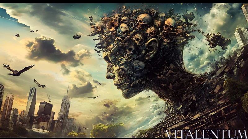 Colossal skull titan erupts above crumbling urban skyline.