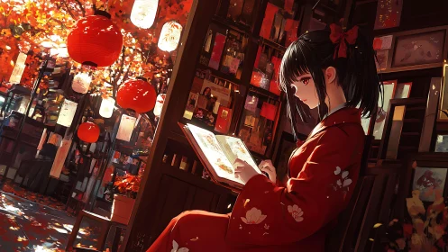 Autumn lantern-lit bookshop with kimono girl reading quietly
