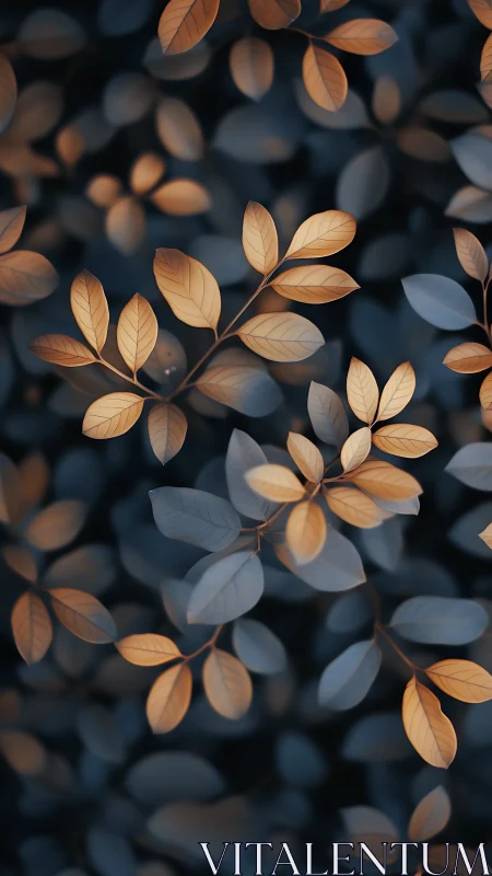 Golden leaves drift gently across a deep blue forest floor