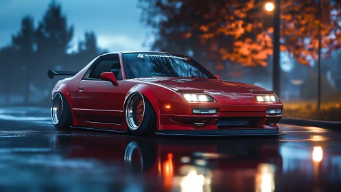 Widebody red coupe with stance suspension on wet reflective street