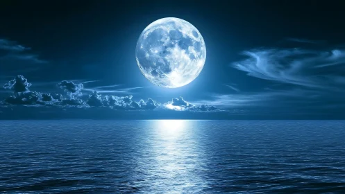 Full moon over calm blue ocean under night sky.