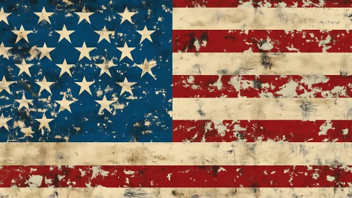 Weathered American flag texture with distressed paint layers.