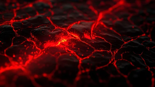 Dramatic Close-Up of Molten Lava Cracks in Dark Volcanic Rock.