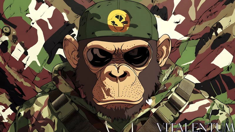 Military chimp portrait in bold camouflage anime style.