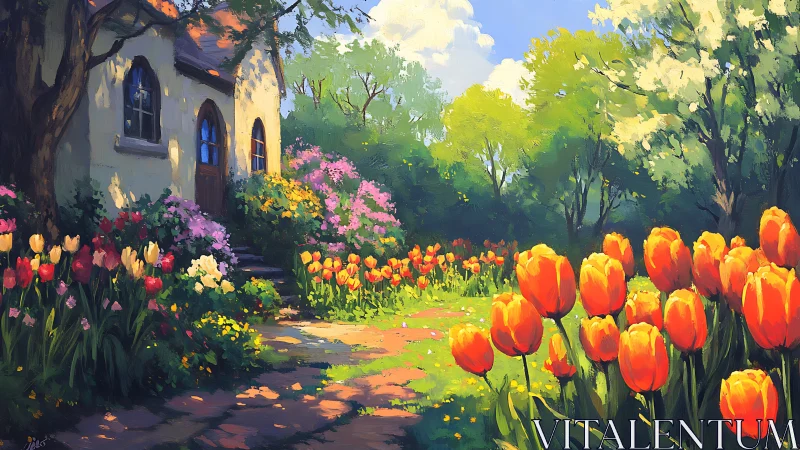 Sunlit tulip garden borders a cottage under vibrant foliage
